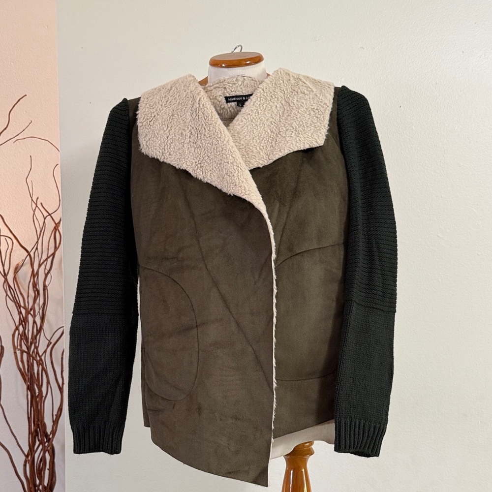 Cozy Olive suede and cable knit  Jacket with Cream Collar
